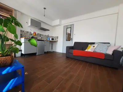 a living room with a couch and a kitchen at La chambre 2, Climatisée AC, Calme, Cuisine privée in Nice