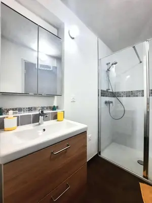 a bathroom with a sink and a shower at La chambre 2, Climatisée AC, Calme, Cuisine privée in Nice