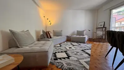 a living room with two couches and a rug at Élégant 3 pièces, 2 chambres, 4 pers, clim, Wi-fi, proche des plages in Nice