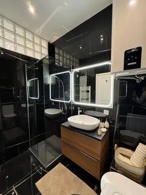 a bathroom with a shower and a sink and a mirror at Newly refurbished studio in Nice