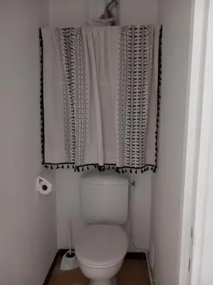 a bathroom with a toilet and a shower curtain at Appartement cosy Nice in Nice