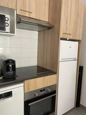 a kitchen with a white refrigerator and a microwave at appartement idéalement situé in La Trinité