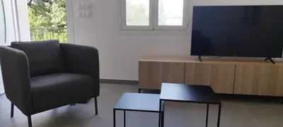 a living room with a chair and a television at Appartement 4 p neuf dans haut de villa , clim, parking, jardin in Saint-Laurent-du-Var
