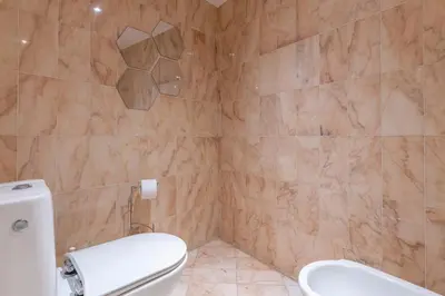 a bathroom with a toilet and a tiled wall at Suite HAITI FSHH in Saint-Laurent-du-Var