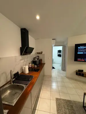 a kitchen with a counter with a sink and a television at Jolie deux pièces au cœur de Nice in Nice