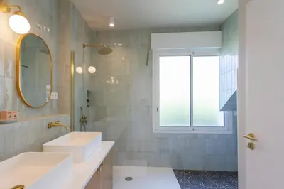 a bathroom with a sink and a mirror at #54 Sea view Villa 4 BDR AC 5mins to Port BBQ in Nice
