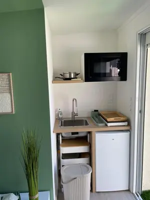 a small kitchen with a sink and a microwave at La chambre de Cleron in Saint-Laurent-du-Var