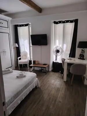 a bedroom with a bed and a desk and a tv at Movida in Nice