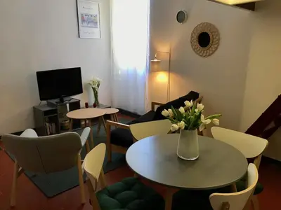 a living room with a vase of flowers on a table at Petit cocon in Villefranche-sur-Mer