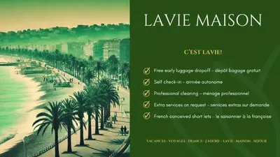 a flyer for a beach with palm trees at Lavie Maison Hot Tub Seaside Studio in Nice