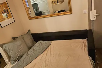 a bed in the corner of a room with a mirror at Chez Yaya in Nice