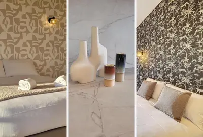 two pictures of a room with a bed and vases at Spacieux appartement à Nice 4 chambres in Nice