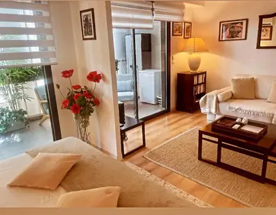 a living room with a couch and a vase of red flowers at Nice SuiteMarie Carre d'or in Nice