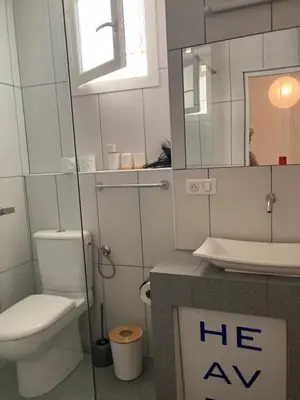 a bathroom with a toilet and a sink and a mirror at L'Appartement Bleu in Nice