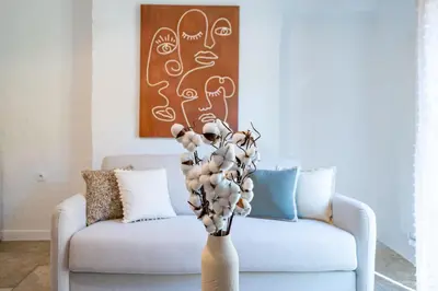a vase with a plant in front of a couch at Charmant Appartement 2P au Cœur du Vieux Nice in Nice
