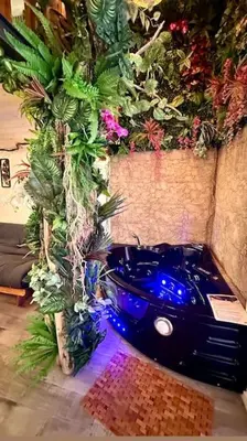 a bathroom with a blue sink with plants on the wall at Jungle avec Jaccuzi au coeur de Nice in Nice