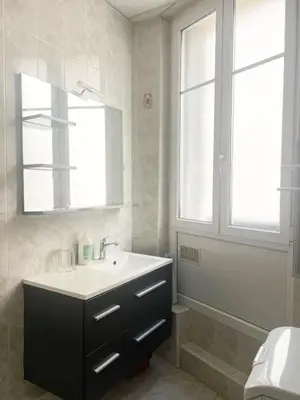a bathroom with a sink and a mirror at Spacieux appartement climatisé centre Nice in Nice