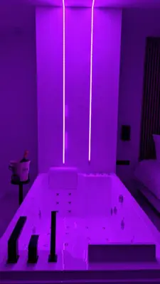 a purple room with a bath tub in a room at Olive Grove Retreat in La Trinité