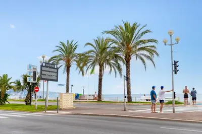 people standing on a street with palm trees and the ocean at Happyfew La Promenade 53 in Nice