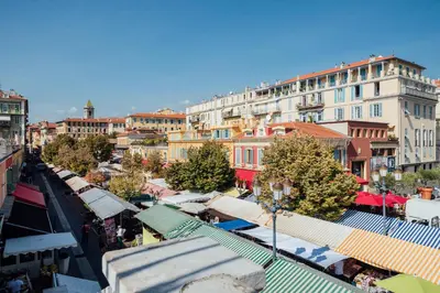 an overhead view of a market in a city at 