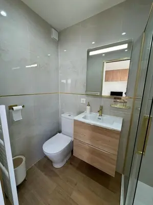 a bathroom with a toilet and a sink and a mirror at Studio avec jardinet proche mer in Cagnes-sur-Mer