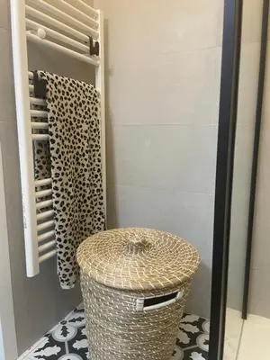 a bathroom with a wicker trash can in a room at Superbe Appartement au Cœur de Nice in Nice