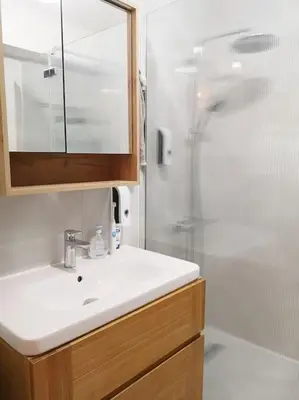 a bathroom with a sink and a shower at Chez L'Hadriana, 2x AC clim Wi-Fi,newly renovated in Nice