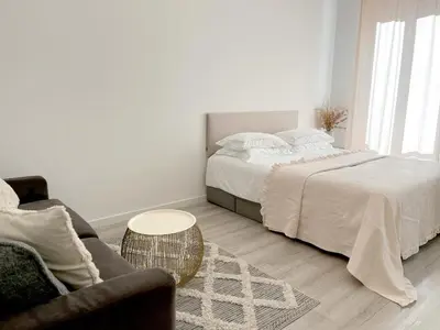 a bedroom with a bed and a couch and a table at Shared Duplex Apartment Nice-Port in Nice