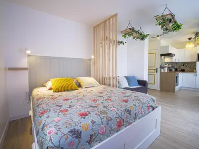 a bedroom with a large bed with a floral bedspread at Pause et Sérénité Studio de 28m2 in Cagnes-sur-Mer