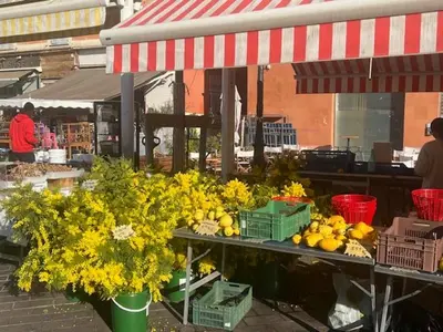 a farmers market with yellow flowers on a table at Appartement le Fighiéra in Nice