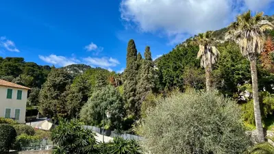 a view of a mountain with trees and a house at Beau studio au cœur de Beaulieu-sur-mer in Beaulieu-sur-Mer