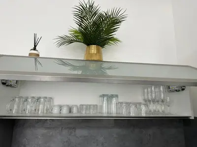 a shelf with glasses and a potted plant on it at Appartement 3 pieces proche du Negresco in Nice
