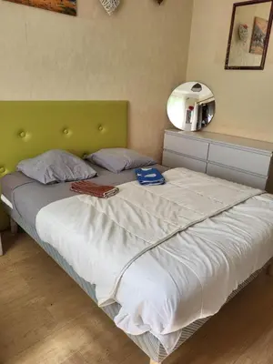 a bedroom with a large bed with a green headboard at 2 pieces pour 4 personnes proche tram in Nice