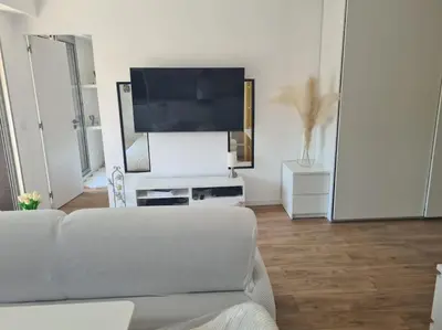 a living room with a couch and a flat screen tv at Superbe Appartement Luxueux Spacieux 50 m2 Port Nice in Nice