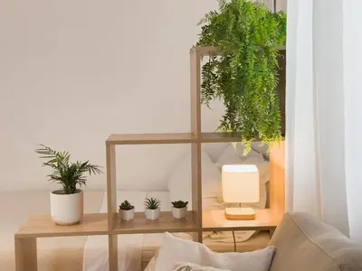 a room with a shelf with potted plants on it at Central Studio - Bright & Modern - Private Terrace - AirCon - Near Train & Beach in Nice
