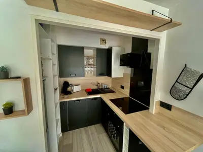 a small kitchen with green cabinets and wooden counters at Le Rieviera Bay-Parking-Jardin Pick up Airport in Saint-Laurent-du-Var