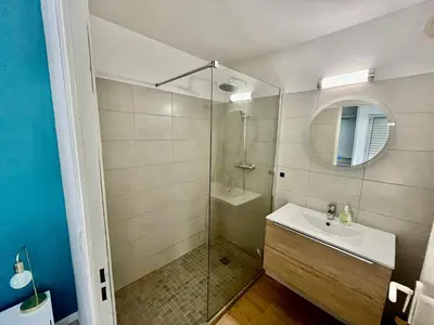 a bathroom with a shower and a sink and a mirror at Le Rieviera Bay-Parking-Jardin Pick up Airport in Saint-Laurent-du-Var