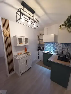 a kitchen with white and green cabinets and appliances at Studio Emmé neuf indépendant Nice Centre in Nice