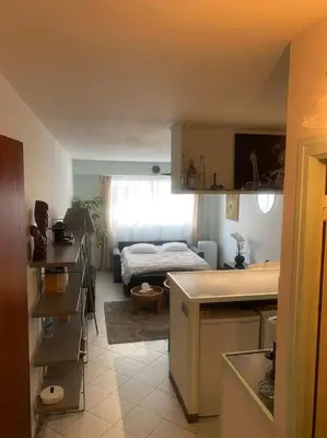 a room with a kitchen and a living room at Grand Studio très bien situé! in Nice