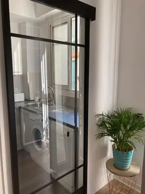 a kitchen with a washing machine and a potted plant at Beautiful flat Nice - Palais Meyerbeer at 2min beach Negresco in Nice