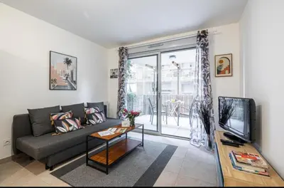 a living room with a couch and a tv at Appartement nice in Nice