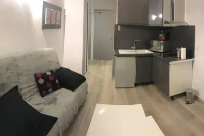 a living room with a couch and a kitchen at Superbe appartement en plein centre ville de Nice! in Nice