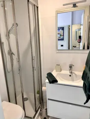a bathroom with a shower and a sink and a toilet at Studio gare Nice Clim in Nice