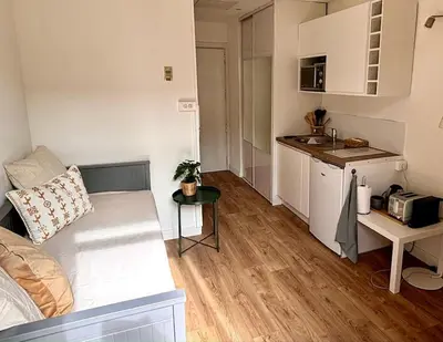 a small apartment with a couch and a kitchen at Studio gare Nice Clim in Nice