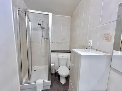a bathroom with a toilet and a shower and a sink at Charmant 3P en centre ville, spacieux et calme in Nice