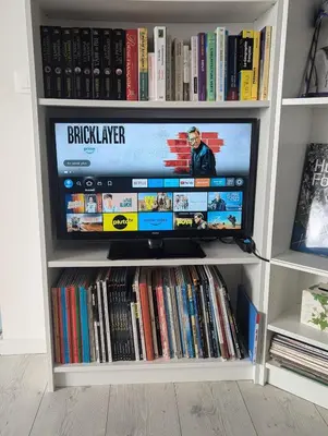a television in a book shelf with dvds at Maison L'Aloé in Nice