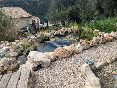 a garden with a pond with rocks and a bench at Maison L'Aloé in Nice