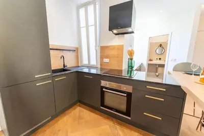 a kitchen with gray cabinets and a sink at Superbe appartement deux chambres, centre proche port in Nice