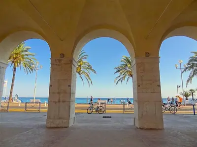 a view of the beach from a building with palm trees at Cosy appartement, moderne, fuchsia, industriel in Nice