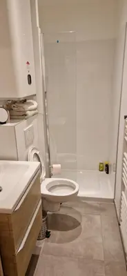 a white bathroom with a toilet and a shower at Ville nice in Nice